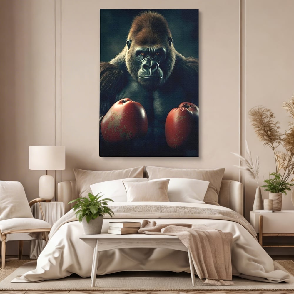 Tablou canvas cu tablou canvas cu gorila boxer, fara rama, pe sasiu de lemn, pe perete intr-un dormitor